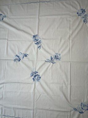Vtg Cross Stitch White Blue Flowers Tablecloth 50” x 52 " Square Cottage Read